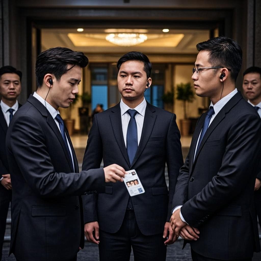 Equipo de escoltas profesionales en entrada de evento corporativo