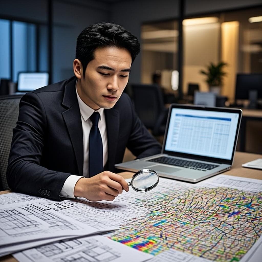 Consultor analizando planos y mapas de riesgo en oficina